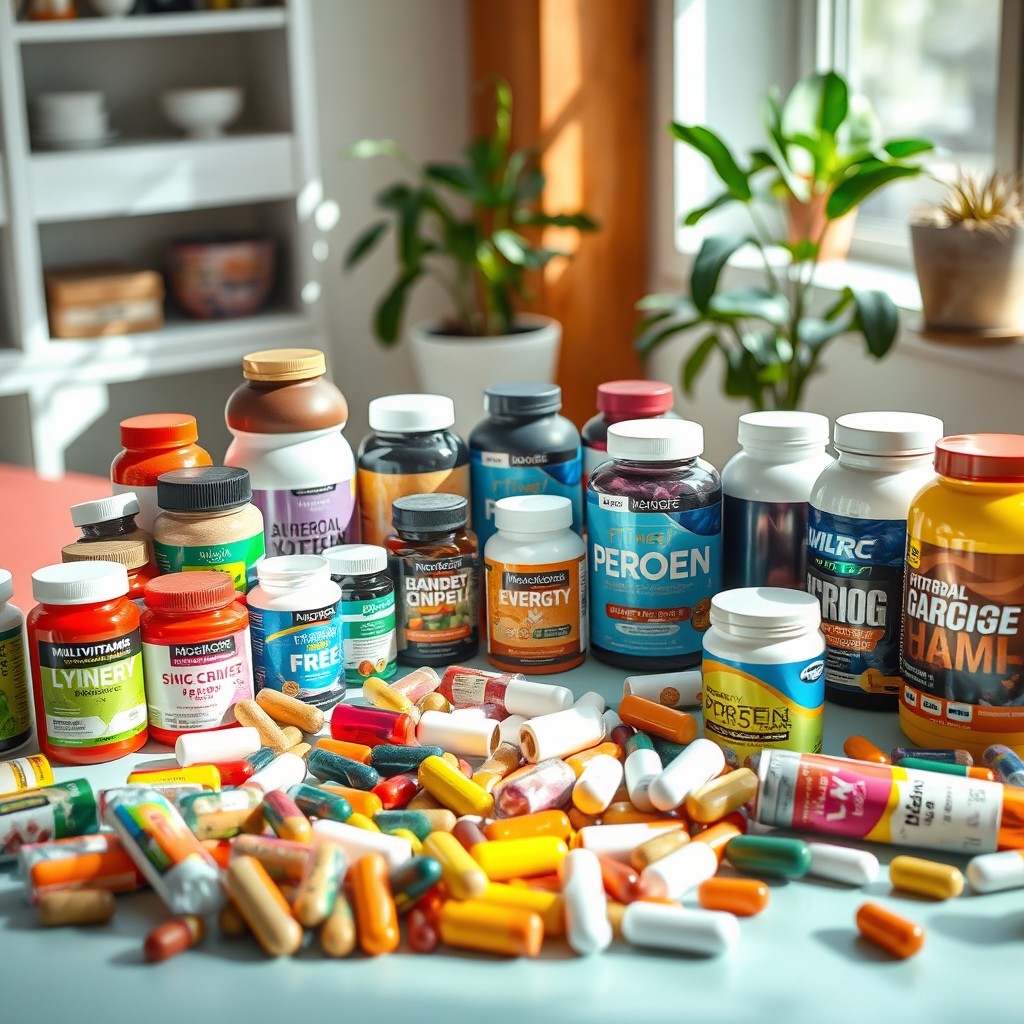 A vibrant scene depicting a table brimming with an array of dietary supplements