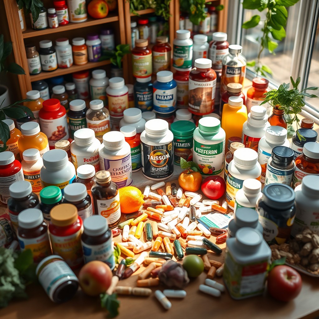 A detailed scene capturing a table overflowing with a variety of dietary supplements