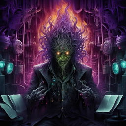 A genius of unparalleled intellect, engulfed in an inferno of intense rage and extreme evil. Around him, intricate devices illustrate his colossal intellect. His terrifying lair, bathed in haunting greens, chilling blues, and oppressive purples, vibrates with the intensity of his sinister power.