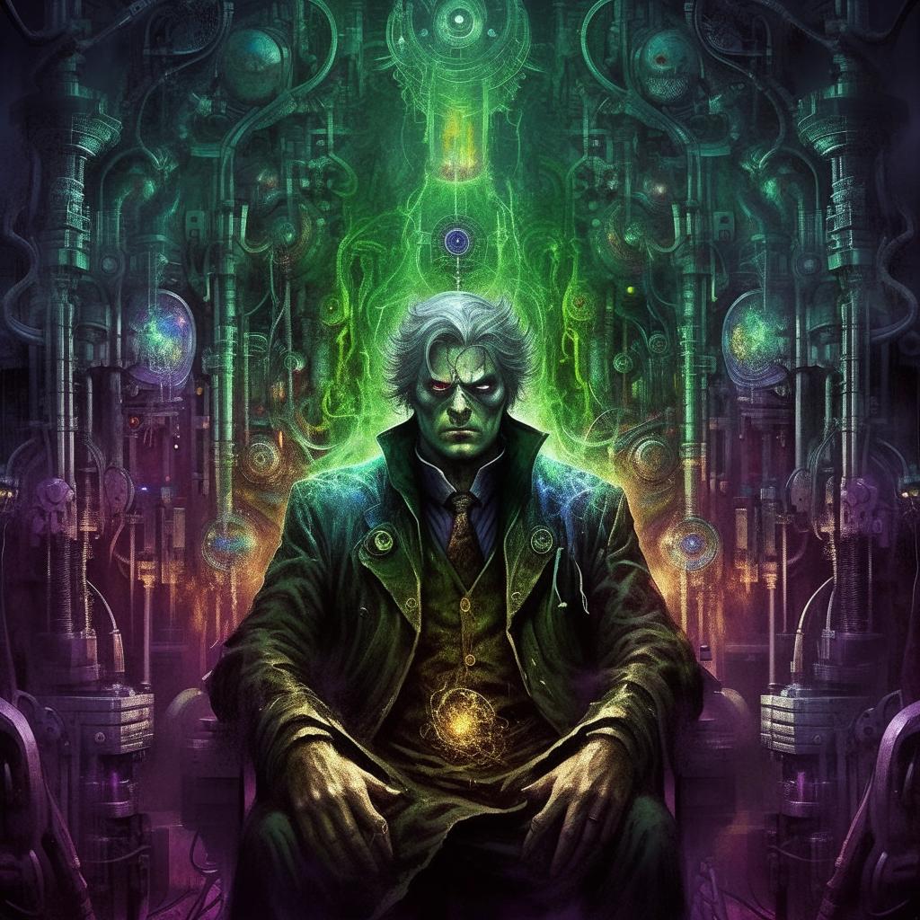 A genius of unparalleled intellect, engulfed in an inferno of intense rage and extreme evil. Around him, intricate devices illustrate his colossal intellect. His terrifying lair, bathed in haunting greens, chilling blues, and oppressive purples, vibrates with the intensity of his sinister power.