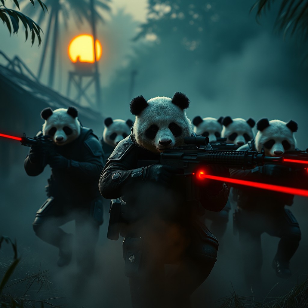 A squad of elite military pandas storming a war-torn jungle village at dawn, with mist curling around their high-tech armored suits
