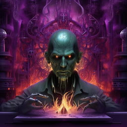 A genius of unparalleled intellect, engulfed in an inferno of intense rage and extreme evil. Around him, intricate devices illustrate his colossal intellect. His terrifying lair, bathed in haunting greens, chilling blues, and oppressive purples, vibrates with the intensity of his sinister power.