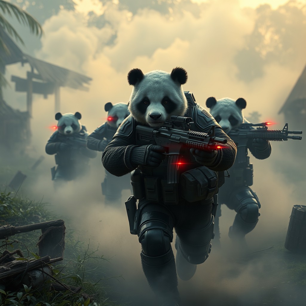 A squad of elite military pandas storming a war-torn jungle village at dawn, surrounded by curling mist