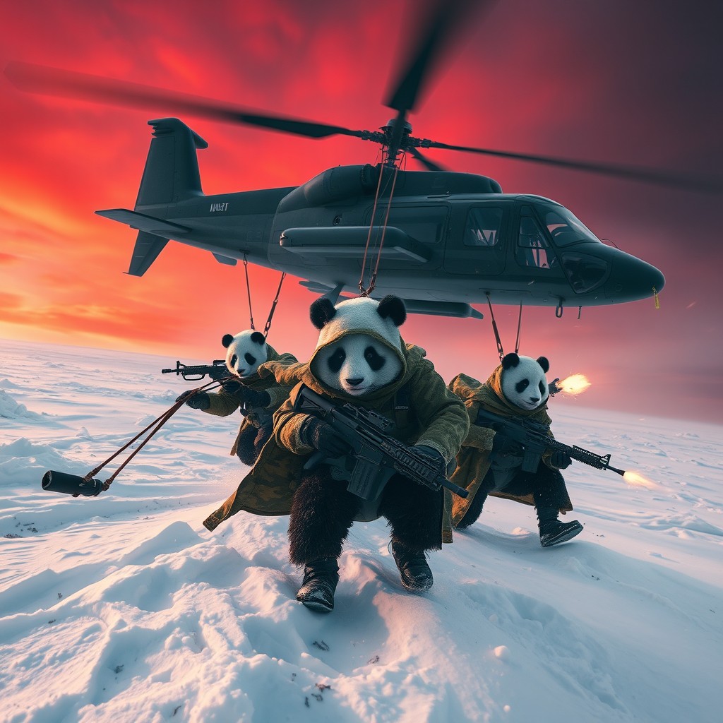 Three tactical pandas, clad in camo cloaks, rappelling from a stealth helicopter onto a snow-covered battlefield