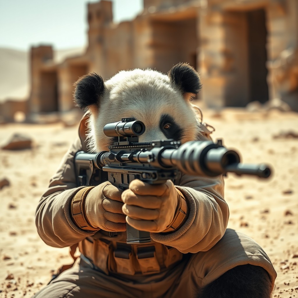 A lone panda sniper concealed in desert ruins, expertly camouflaged in sand-colored tactical gear