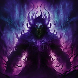 An insurmountably enraged genius of colossal intellect, his aura a roaring inferno of extreme evil. His terrifying lair vibrates intensely, the innovative display of chilling blues, ghostly greens, and oppressive purples reflecting his unabated rage and matchless malevolence.