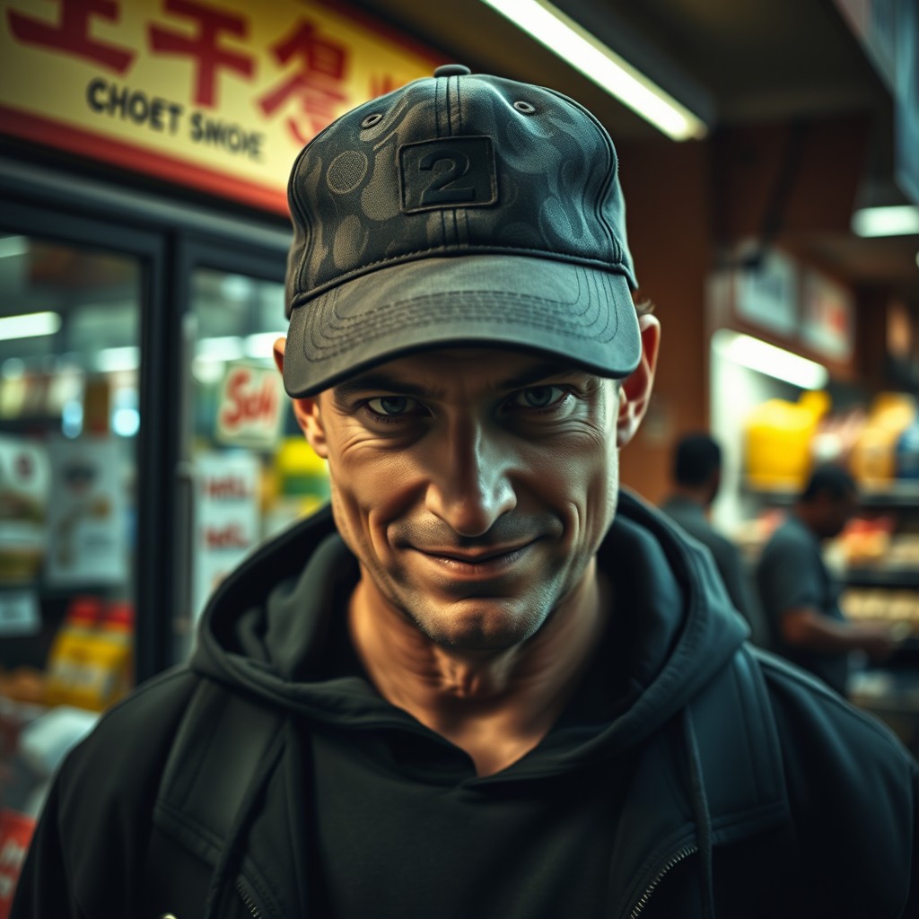 A mysterious man styled as a stalker, wearing a cap that obscures his face, standing in front of a grocery store