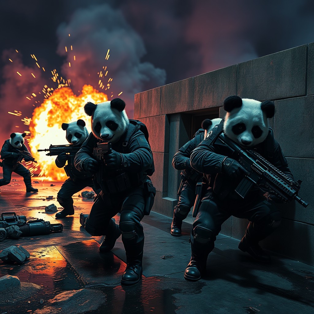 A group of panda commandos breaching a fortified bunker at night, with neon lights reflecting off wet concrete surfaces