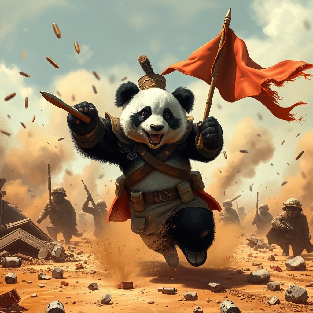 A heroic panda general leading a charge across a ruined battlefield, with bullets flying past and a flag waving triumphantly behind him