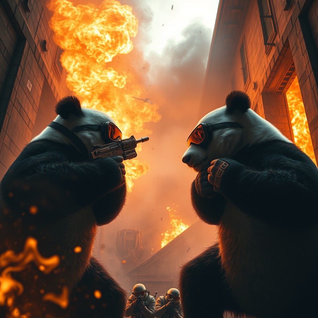 Two pandas engaging in close-quarters combat inside a burning enemy facility, flames reflecting in their goggles, walls collapsing around them, all captured in a dramatic low-angle shot with cinematic lighting and atmospheric smoke effects