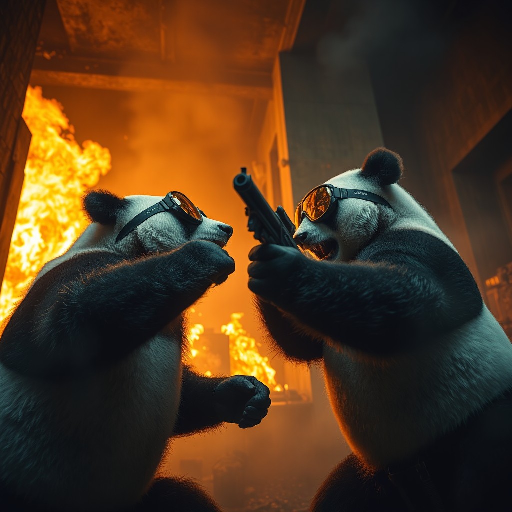 Epic Panda Showdown: Cinematic Combat in a Fiery Facility