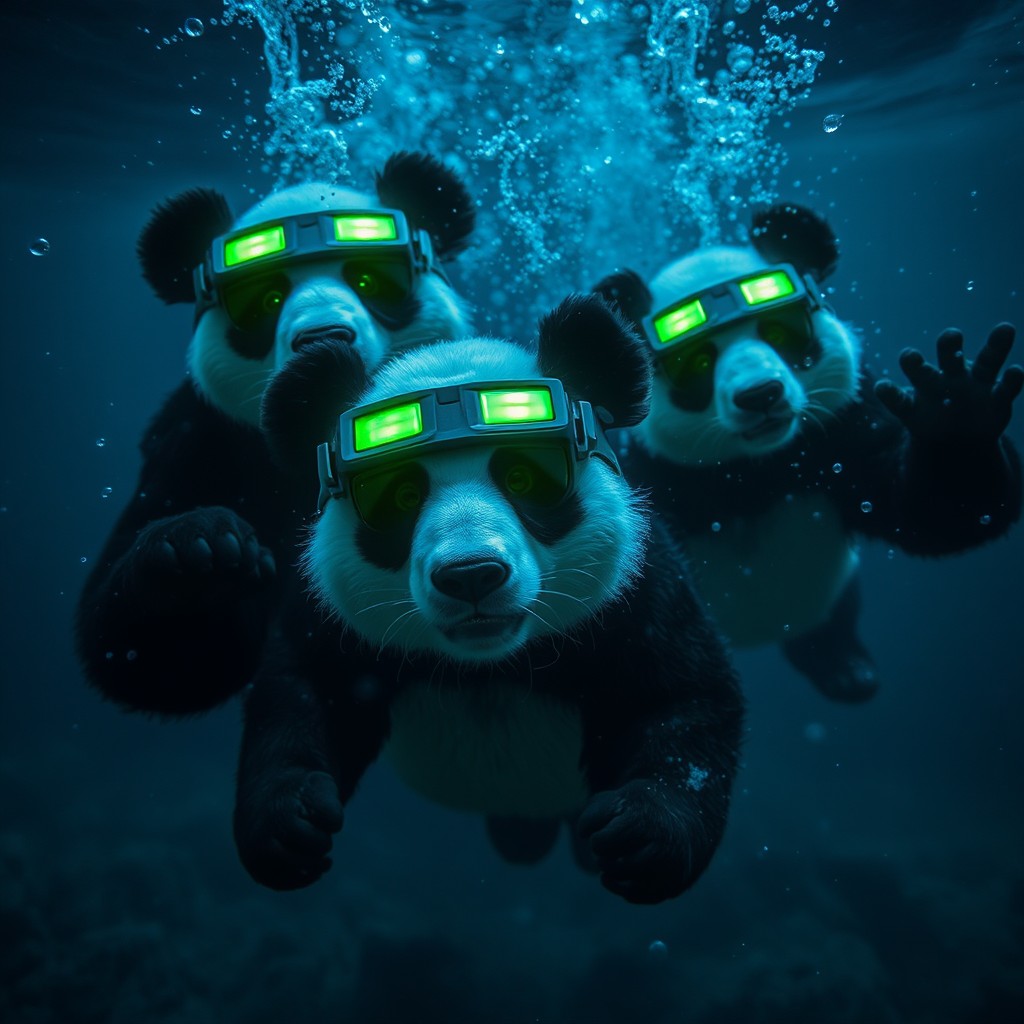 Stealth panda operatives performing an infiltration mission underwater at night