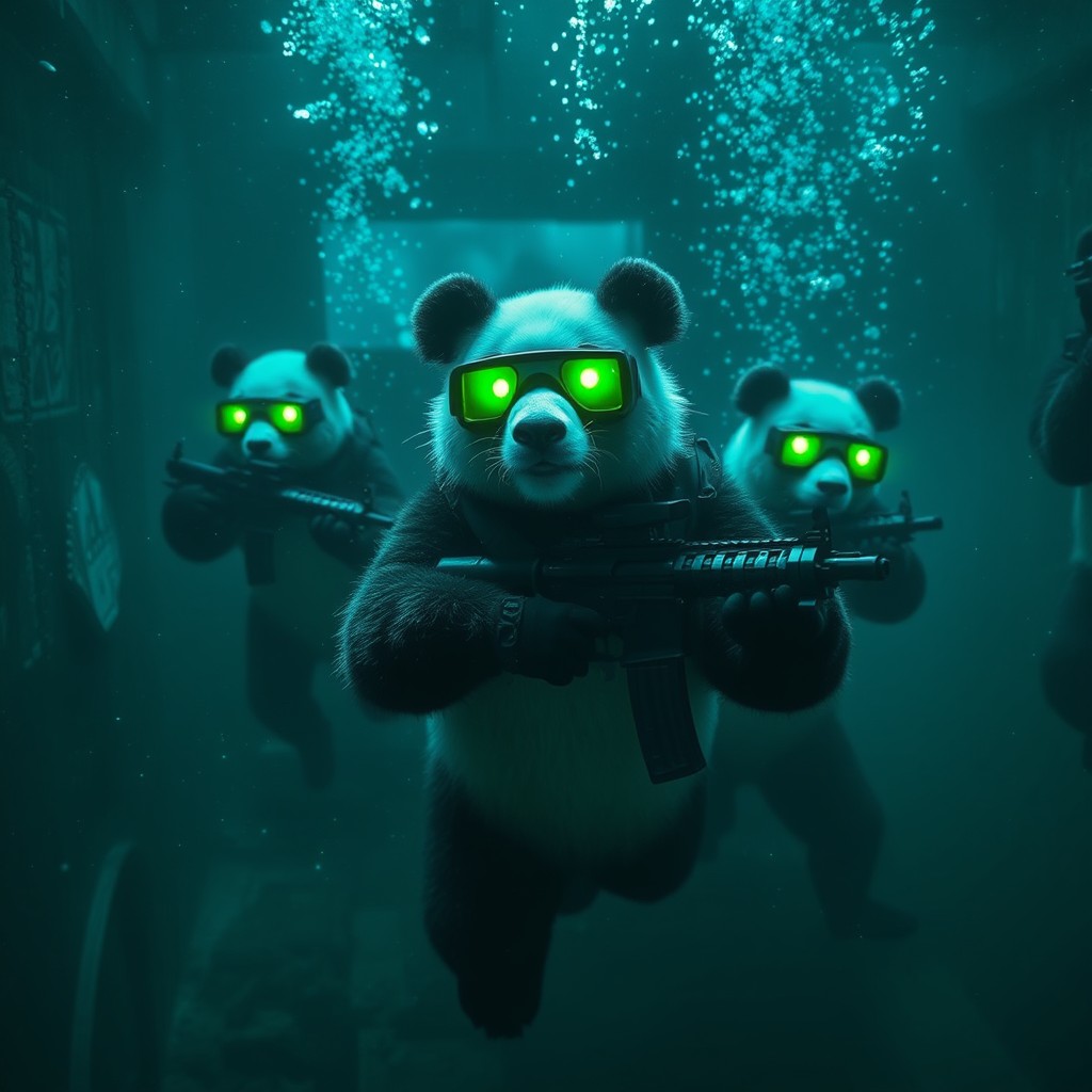 A group of stealth panda operatives rising from murky underwater depths into an enemy base