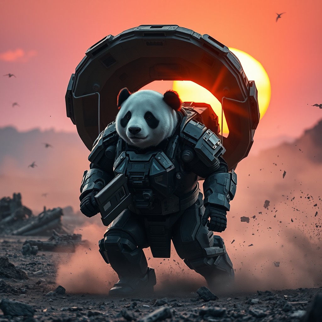 A futuristic panda war unit emerging from a drop pod in a scorched wasteland, wearing mech-enhanced armor that shines under the fading sunlight