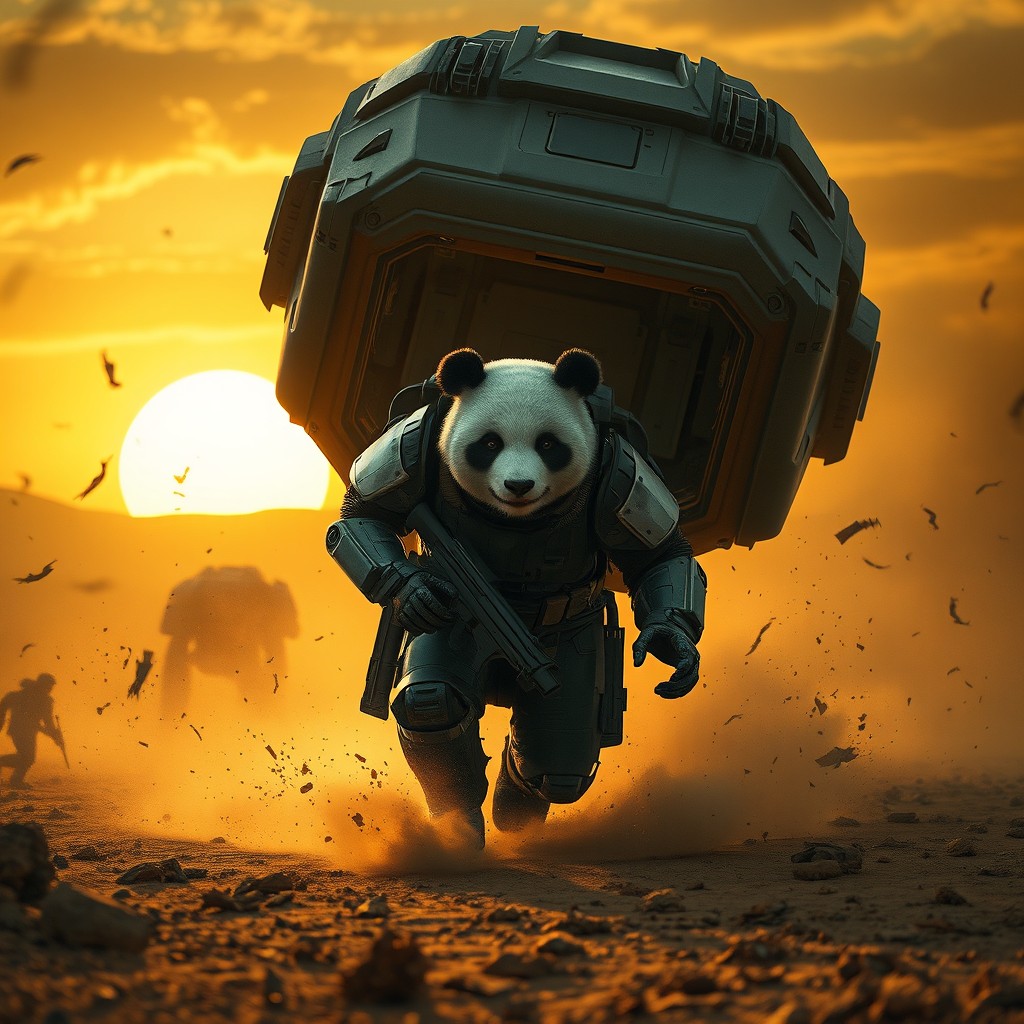 A futuristic panda war unit emerging from a drop pod in a scorched wasteland, adorned with mech-enhanced armor
