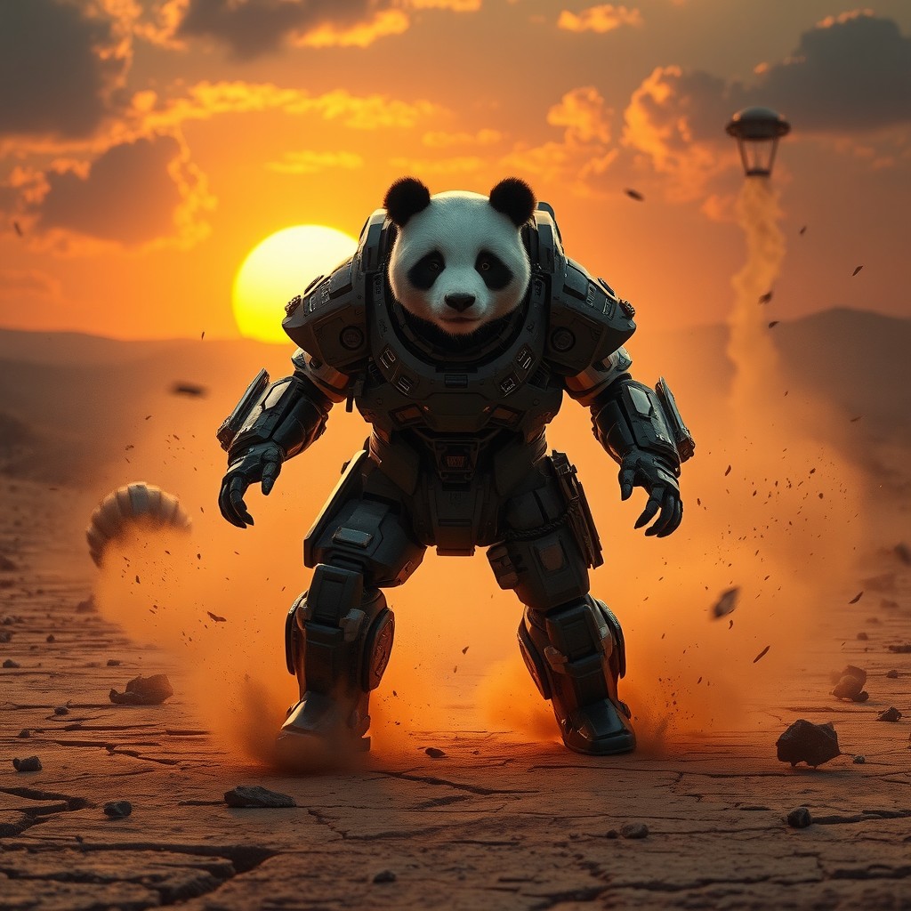 A futuristic panda war unit emerging from a drop pod in a scorched wasteland, clad in mech-enhanced armor with intricate designs and glowing accents