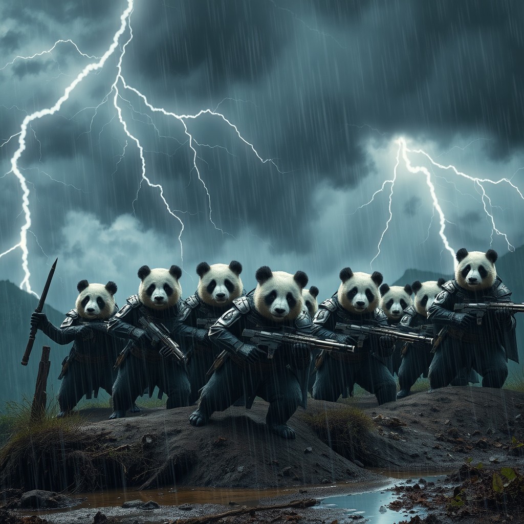 A group of panda soldiers, clad in detailed metal-plated uniforms, fiercely defending a hilltop outpost amidst a violent thunderstorm