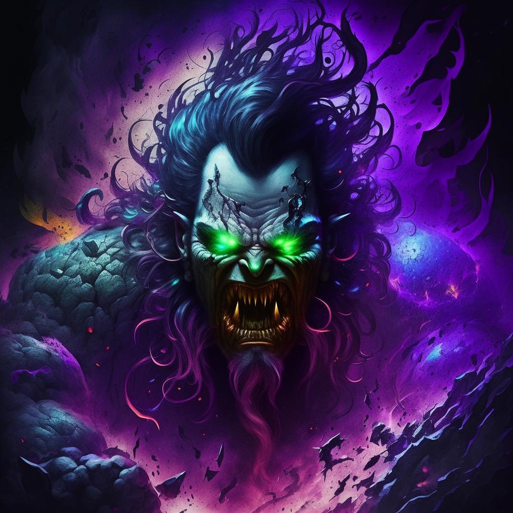 An insurmountably enraged genius of colossal intellect, his aura a roaring inferno of extreme evil. His terrifying lair vibrates intensely, the innovative display of chilling blues, ghostly greens, and oppressive purples reflecting his unabated rage and matchless malevolence.