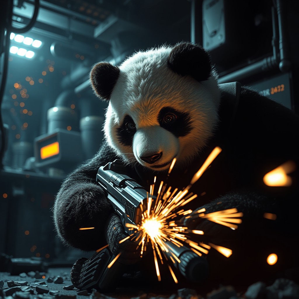 An elite panda demolition expert stealthily planting explosives inside a high-tech enemy mech factory
