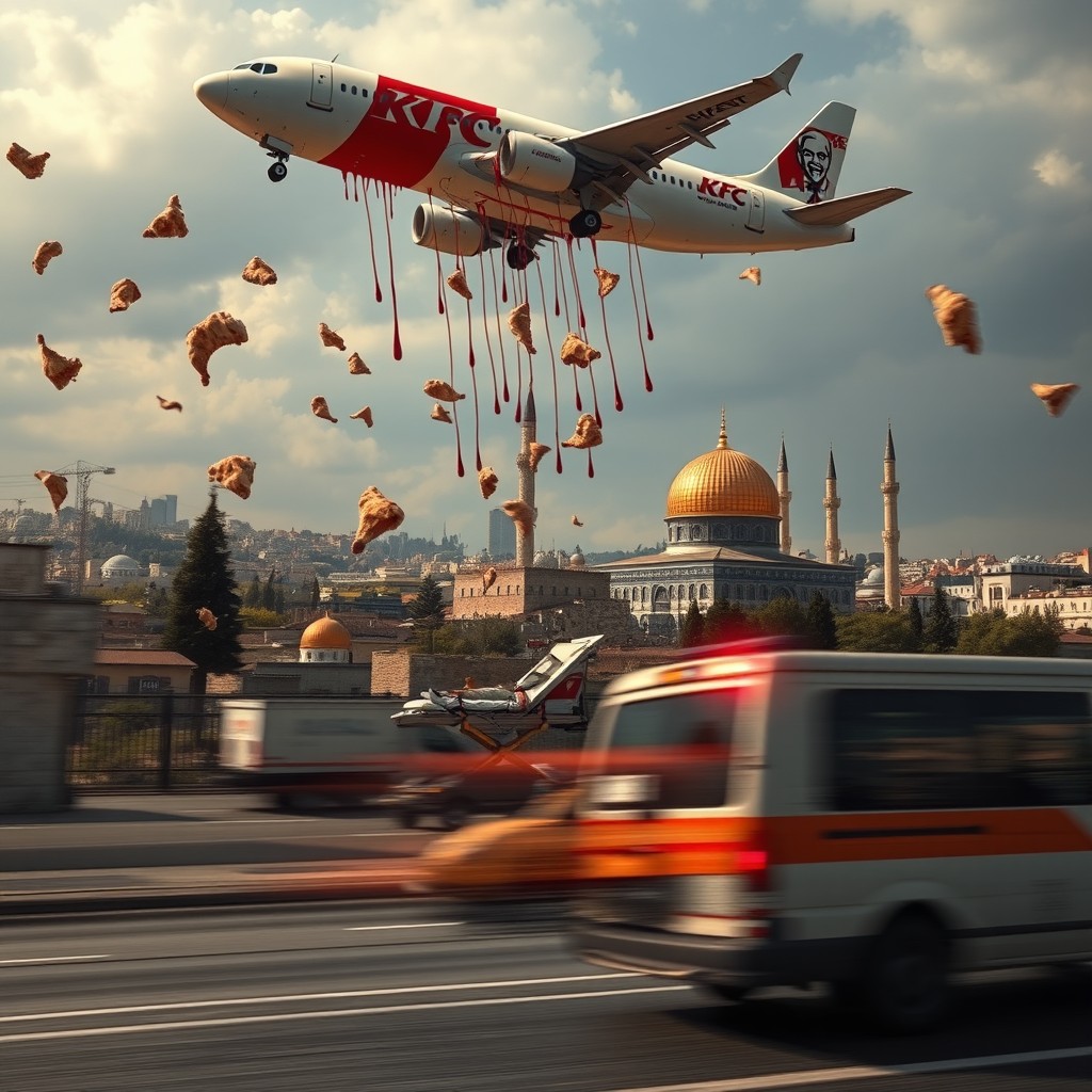 A surreal depiction of a KFC-branded airplane flying over a cityscape, raining pieces of chicken, with an artistic twist showing the chicken dripping with a red sauce that resembles blood