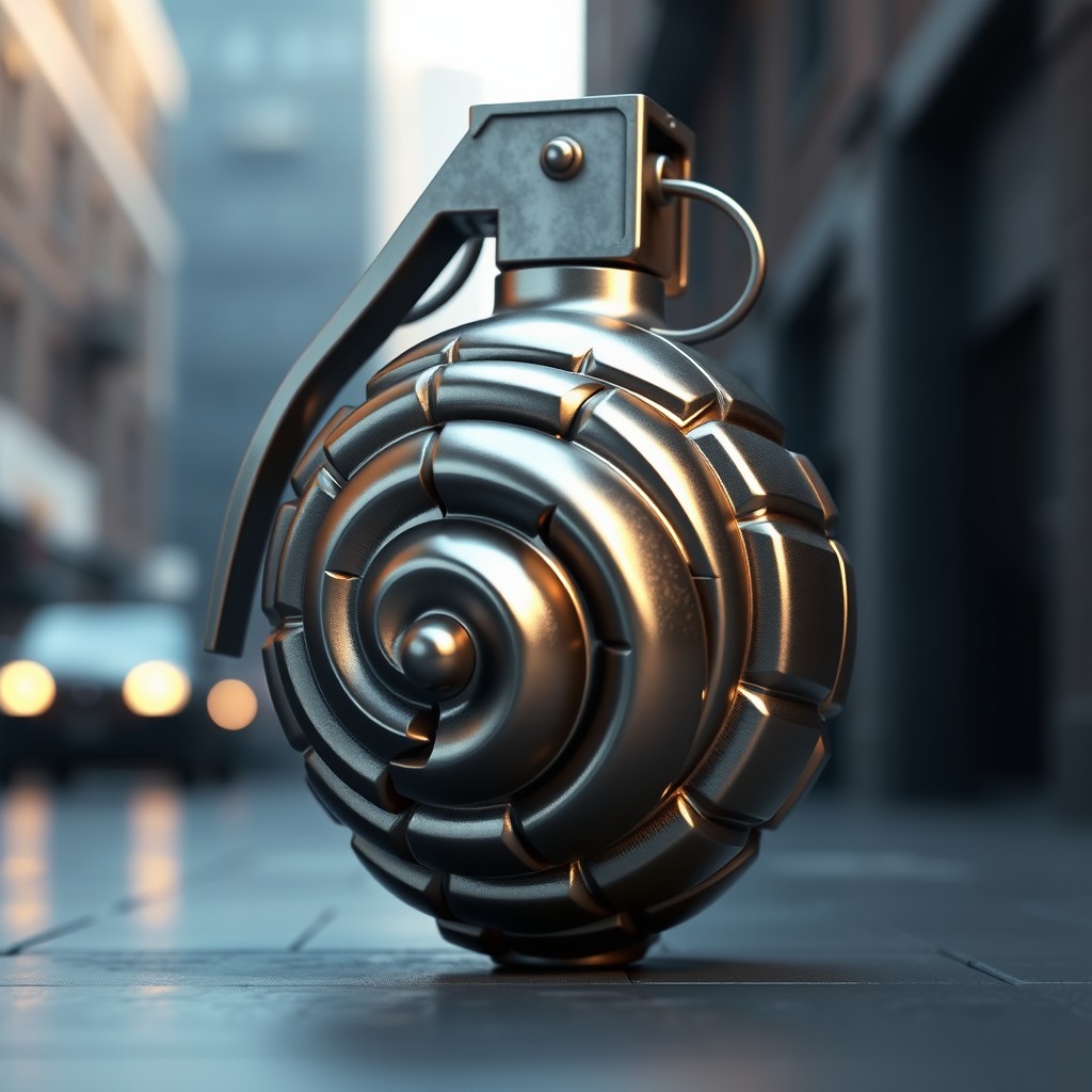 A 3D rendered image of a spiral-shaped grenade, showcasing intricate details in its design