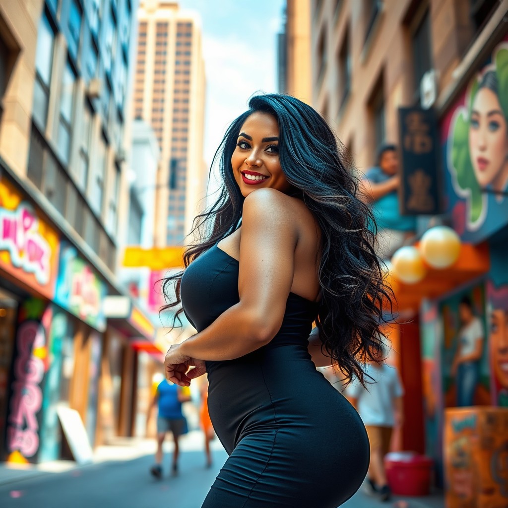 A stunning, voluptuous Latina woman exuding confidence, with a curvy figure and striking features