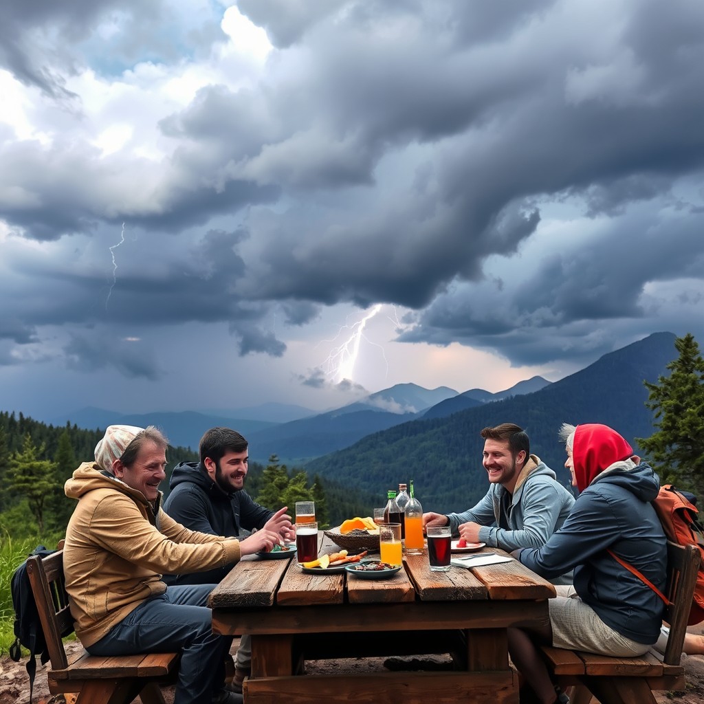 A dramatic thunderstorm is brewing over a picturesque mountain landscape, with dark clouds swirling ominously and flashes of lightning illuminating the scene