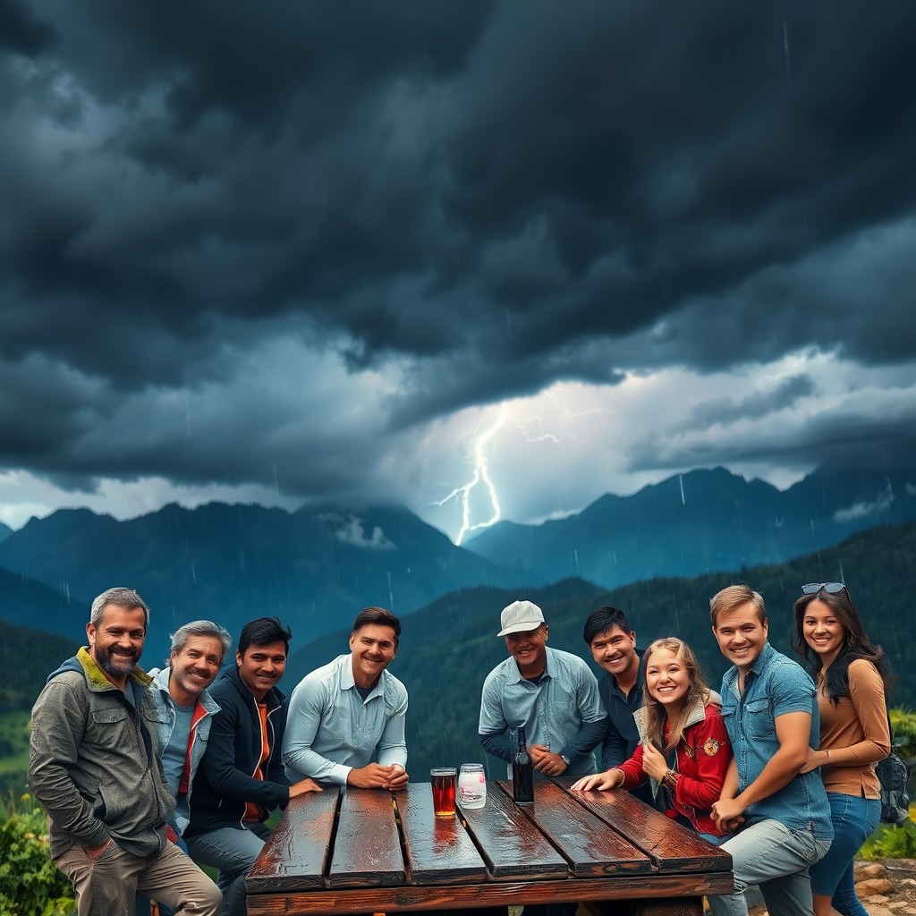 A dramatic thunderstorm raging over majestic mountains with dark, swirling clouds and lightning illuminating the sky