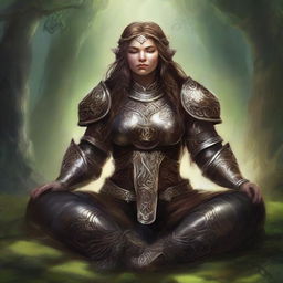 Immersed in deep serenity, a dwarven female kineticist enveloped in heavy armor, meditates. The tangible essence of nature's energy hovers and swirls around her, affirming her innate bond to the elemental world.