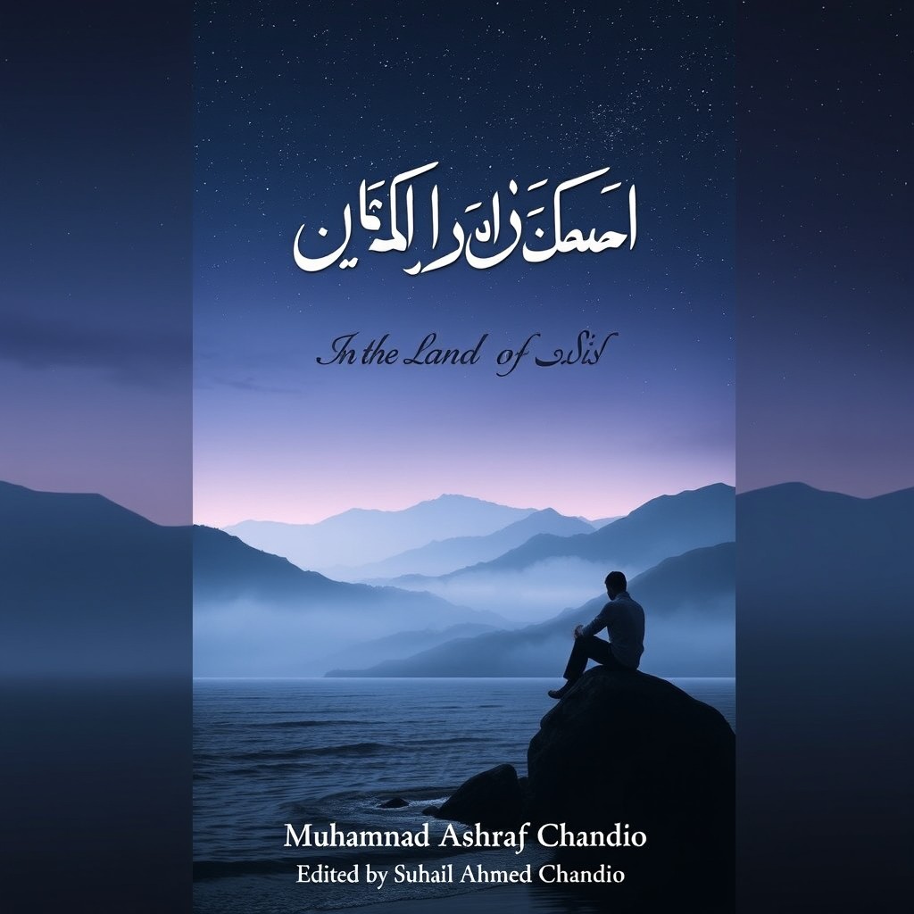 A captivating book cover design for the title 'ڏکن جي ڏيھ ۾' (In the Land of Sorrows) by poet Muhammad Ashraf Chandio, edited by Suhail Ahmed Chandio