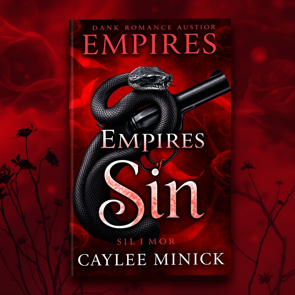 A captivating book cover for a dark romance story featuring a snake intricately coiled around a vintage gun, radiating an aura of mystery and danger