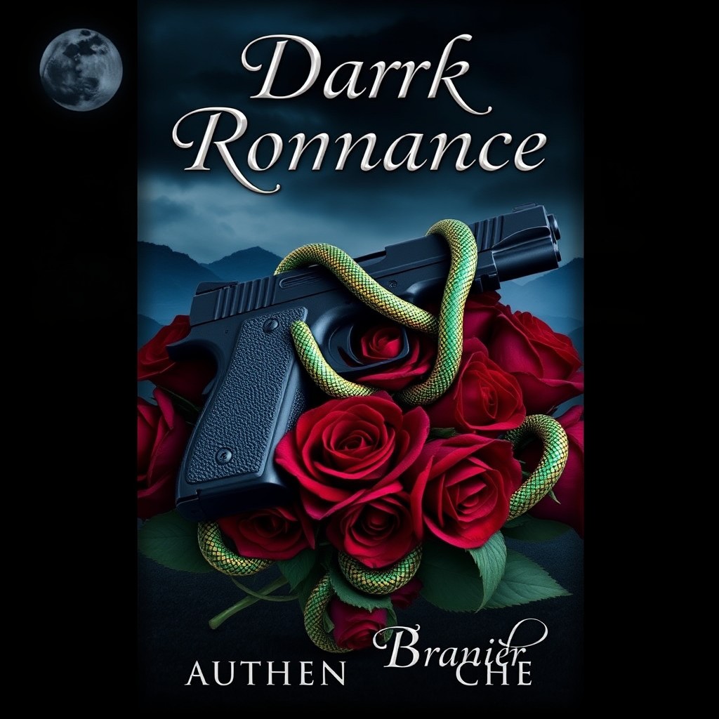 A dark romance book cover featuring a sleek black gun wrapped in entwined green and gold snakes, surrounded by deep crimson roses