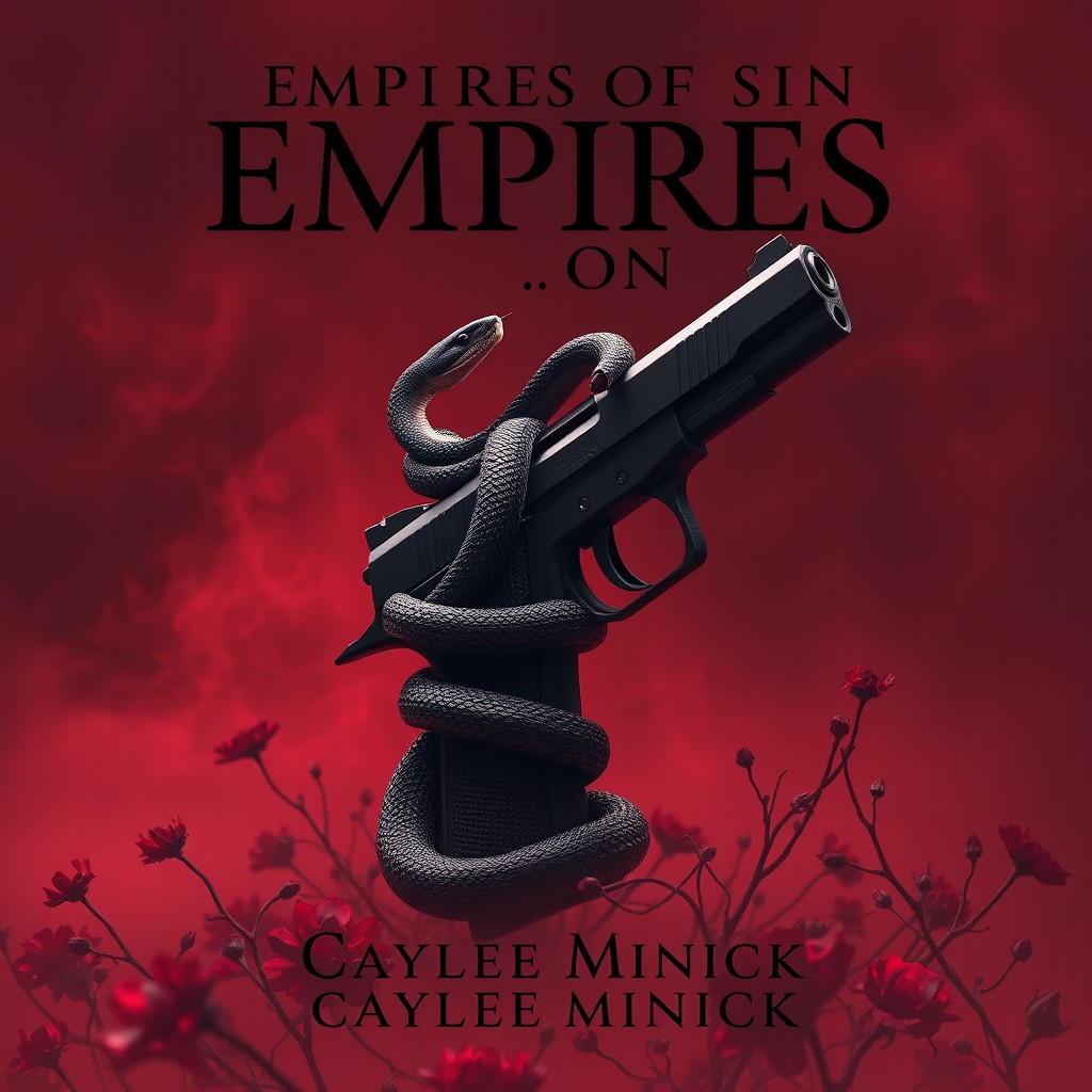 A dark and mysterious scene featuring a menacing snake intricately wrapped around a sleek, black gun