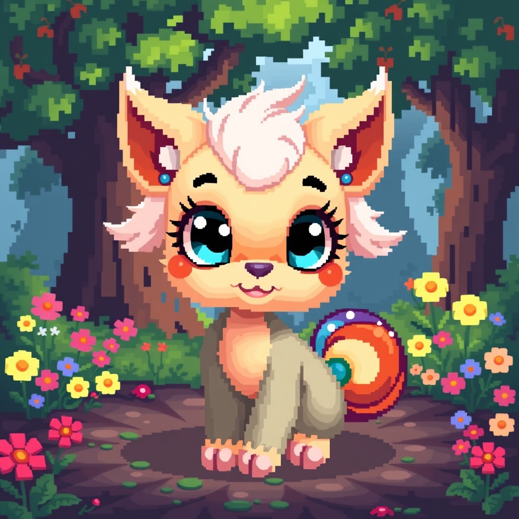 A whimsical little fantasy animal depicted in pixel art style, showcasing vibrant colors and charming features