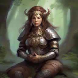 Immersed in deep serenity, a dwarven female kineticist enveloped in heavy armor, meditates. The tangible essence of nature's energy hovers and swirls around her, affirming her innate bond to the elemental world.