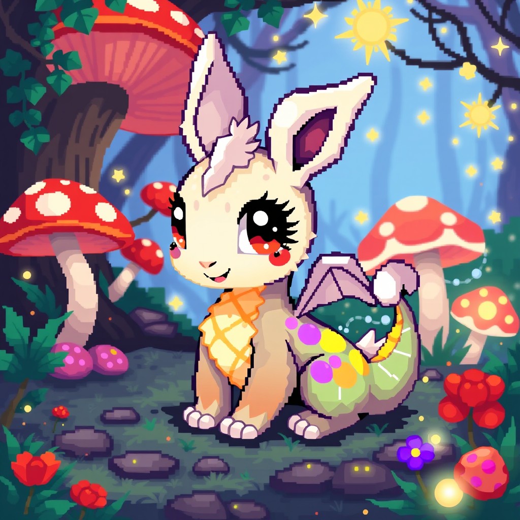 A charming little fantasy animal, resembling a mix between a dragon and a bunny, with bright, colorful scales and large doe-like eyes