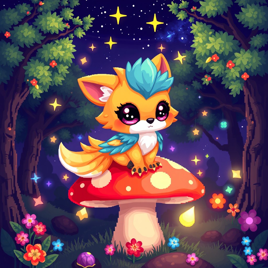 A cute little fantasy animal, designed in a vibrant pixel art style