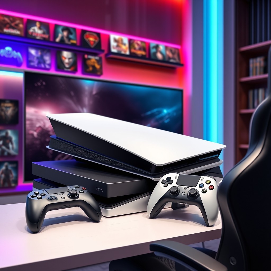 An artistic representation of a modern game console, sleek and stylish design, with a variety of colors such as black, white, and metallic finish, displayed on a gaming setup with a large flat-screen television