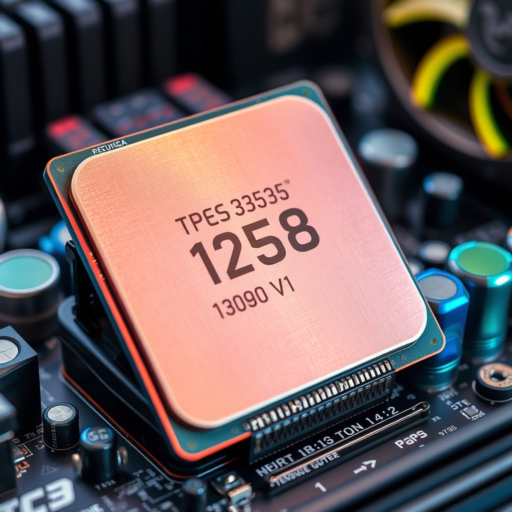 A detailed close-up of a modern CPU (Central Processing Unit) placed on a motherboard, highlighting the intricate design and circuitry