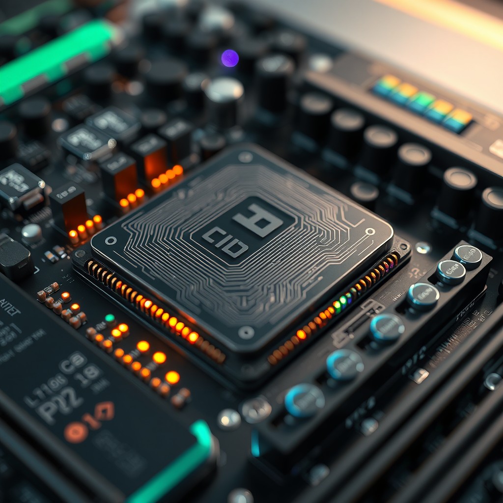 A highly detailed and realistic close-up image of a modern CPU placed on a sleek black motherboard