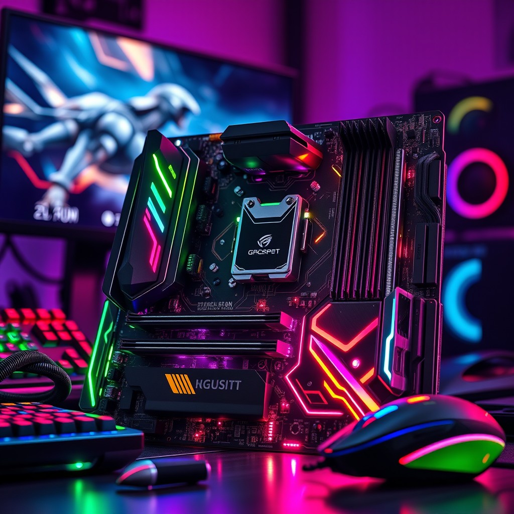 A visually striking and highly detailed image of a top-tier gaming motherboard, showcasing its vibrant RGB lighting and advanced cooling solutions