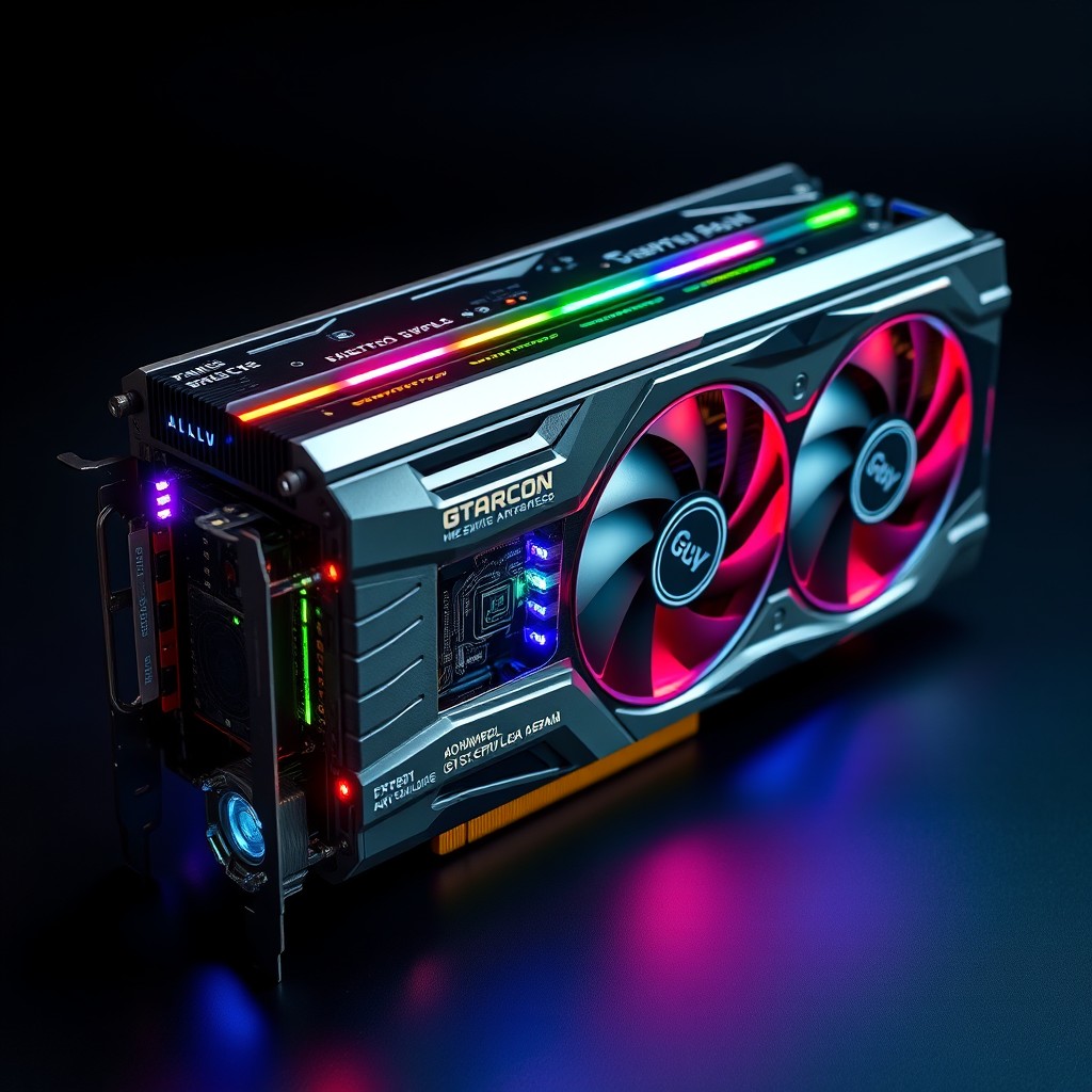 A high-quality, detailed close-up of a modern GPU (Graphics Processing Unit) with intricate circuitry, glowing LED lights, and sleek aluminum casing