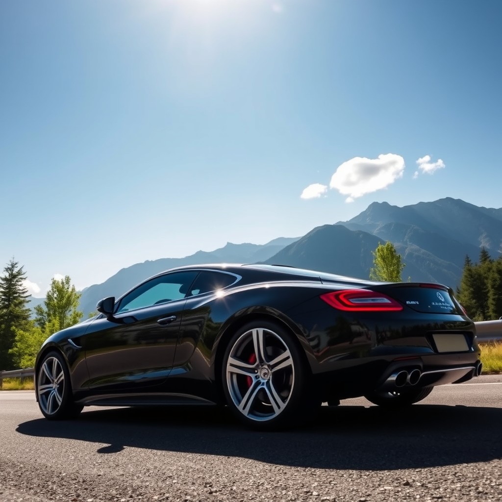 A beautiful luxury car parked on a scenic mountain road, surrounded by lush green trees and a clear blue sky