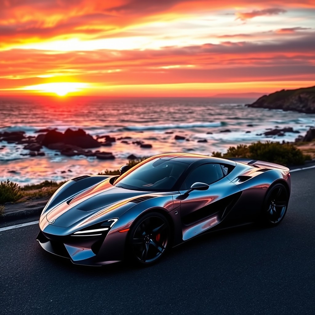 A sleek, futuristic sports car parked on a scenic coastal road during sunset, showcasing its glimmering metallic paint and aerodynamic lines