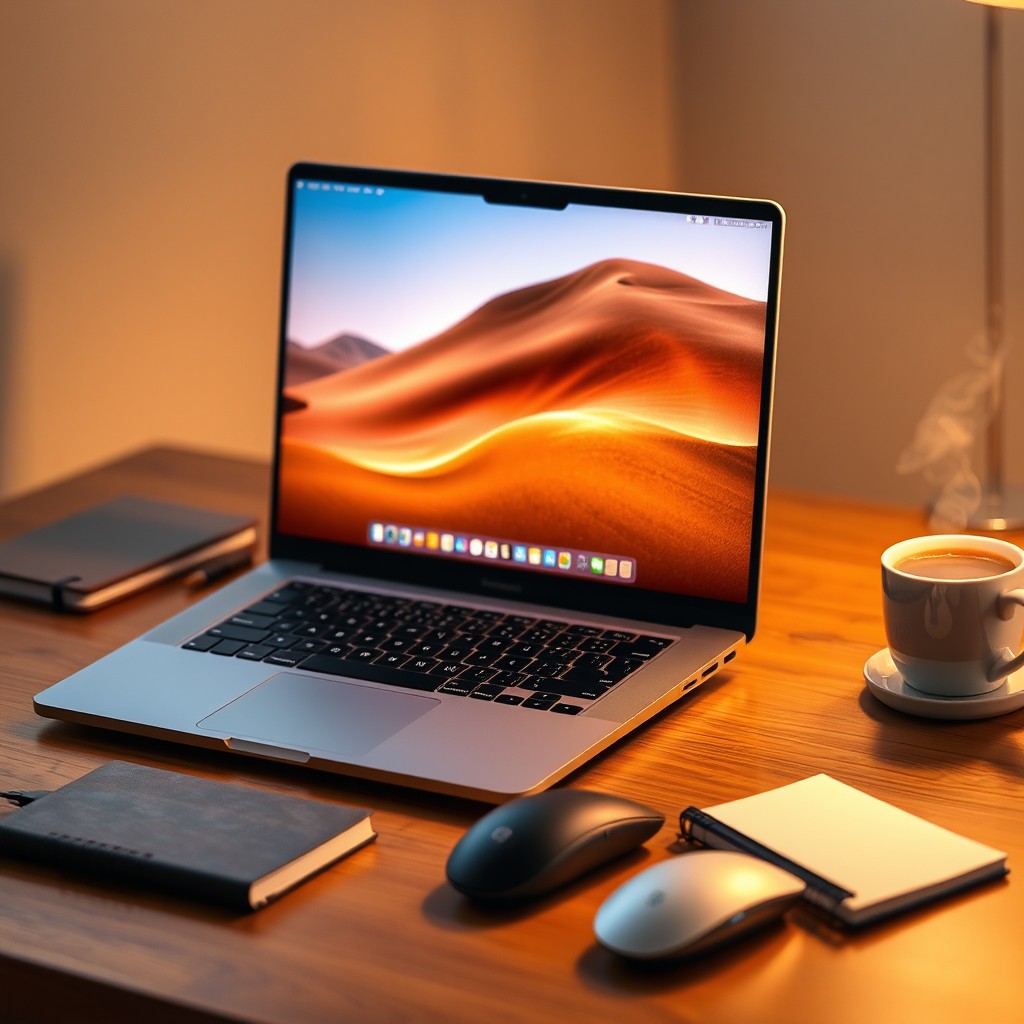An elegant, modern laptop placed on a wooden desk with a soft glow emanating from its screen