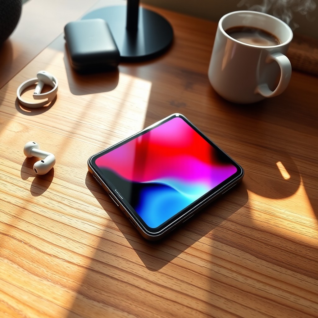 A sleek, modern smartphone lying on a wooden desk