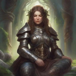 Immersed in deep serenity, a dwarven female kineticist enveloped in heavy armor, meditates. The tangible essence of nature's energy hovers and swirls around her, affirming her innate bond to the elemental world.