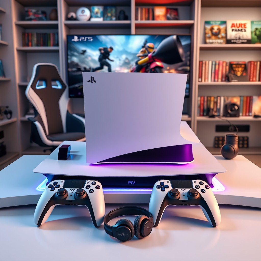A PS5 Pro gaming console prominently displayed on a sleek, modern gaming setup