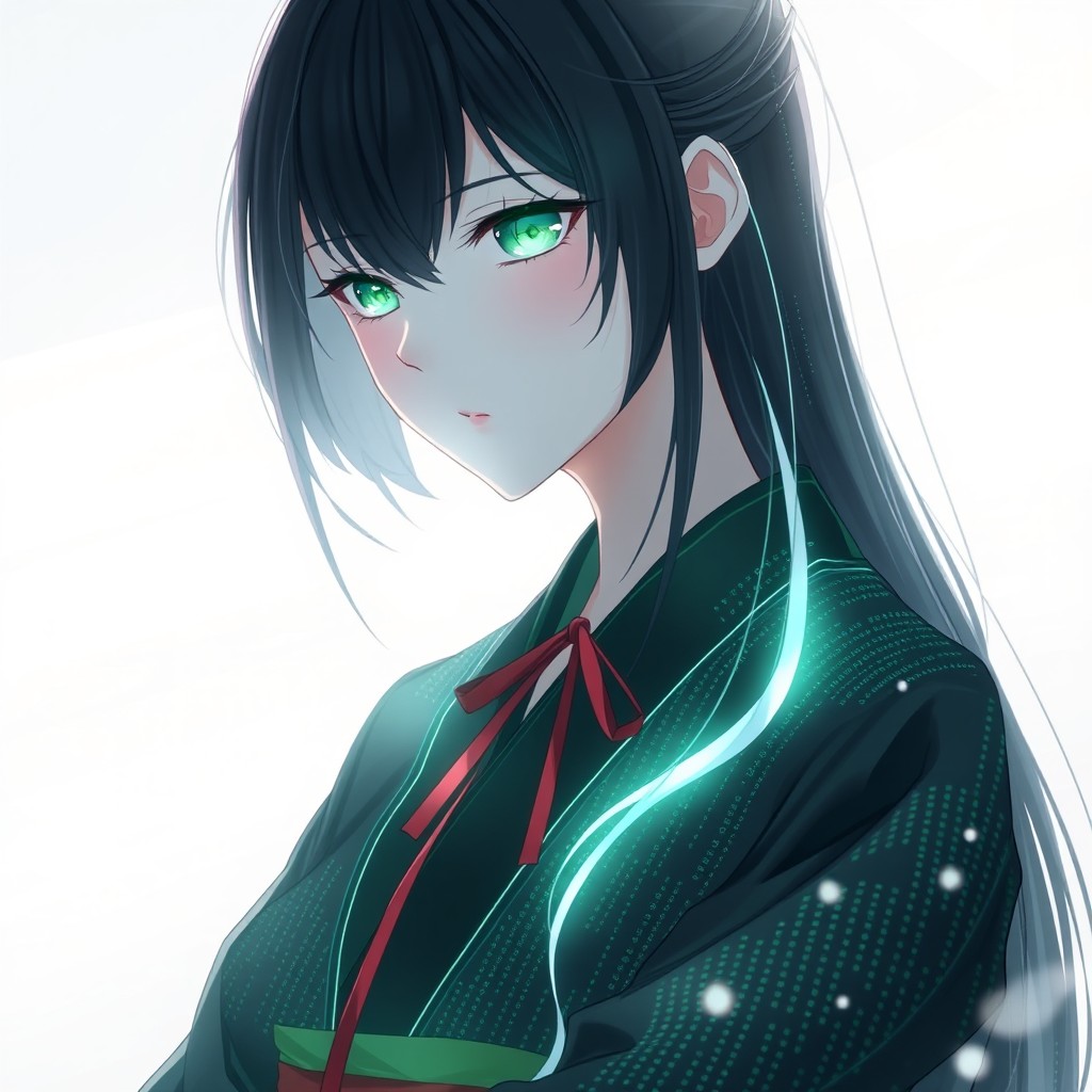 A digital, ethereal female figure wearing a long black kimono inscribed with glowing data lines