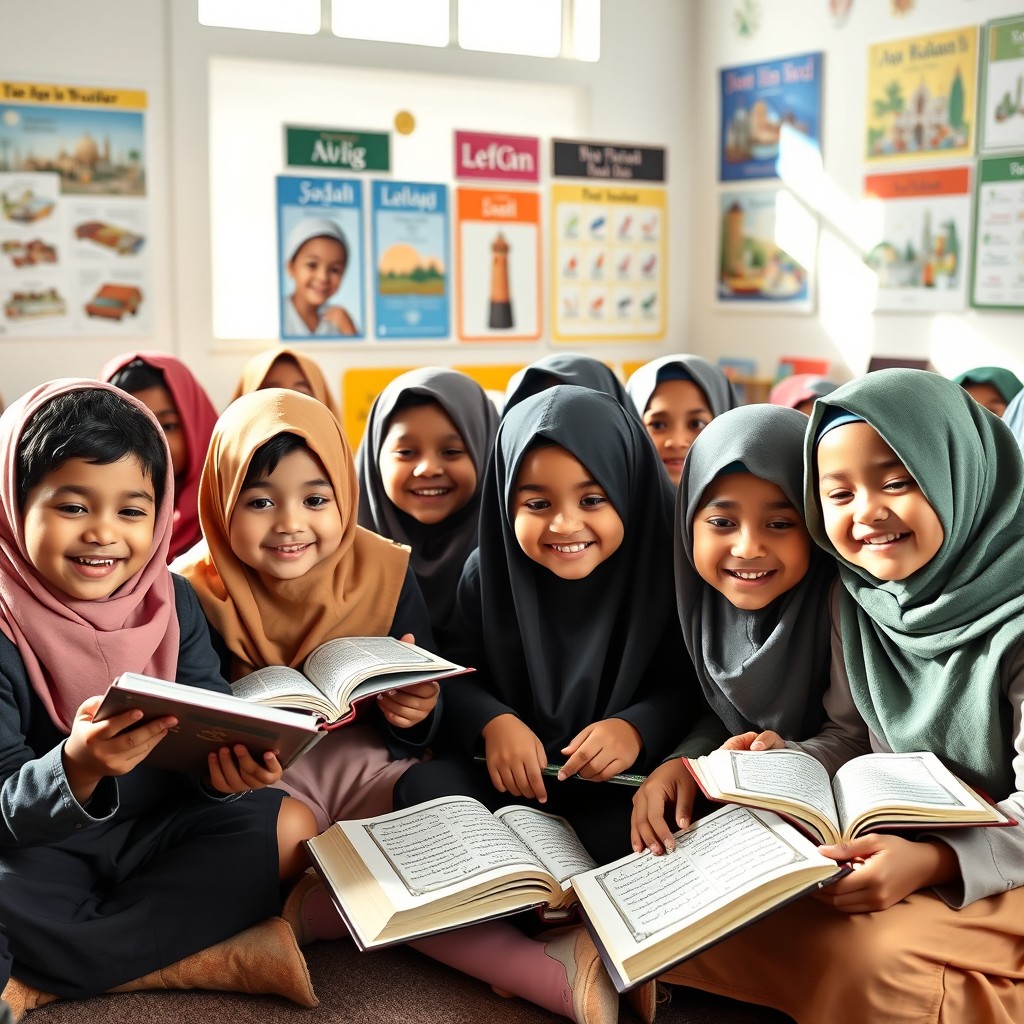 A group of joyful, well-behaved Muslim children happily engaged in learning the Quran